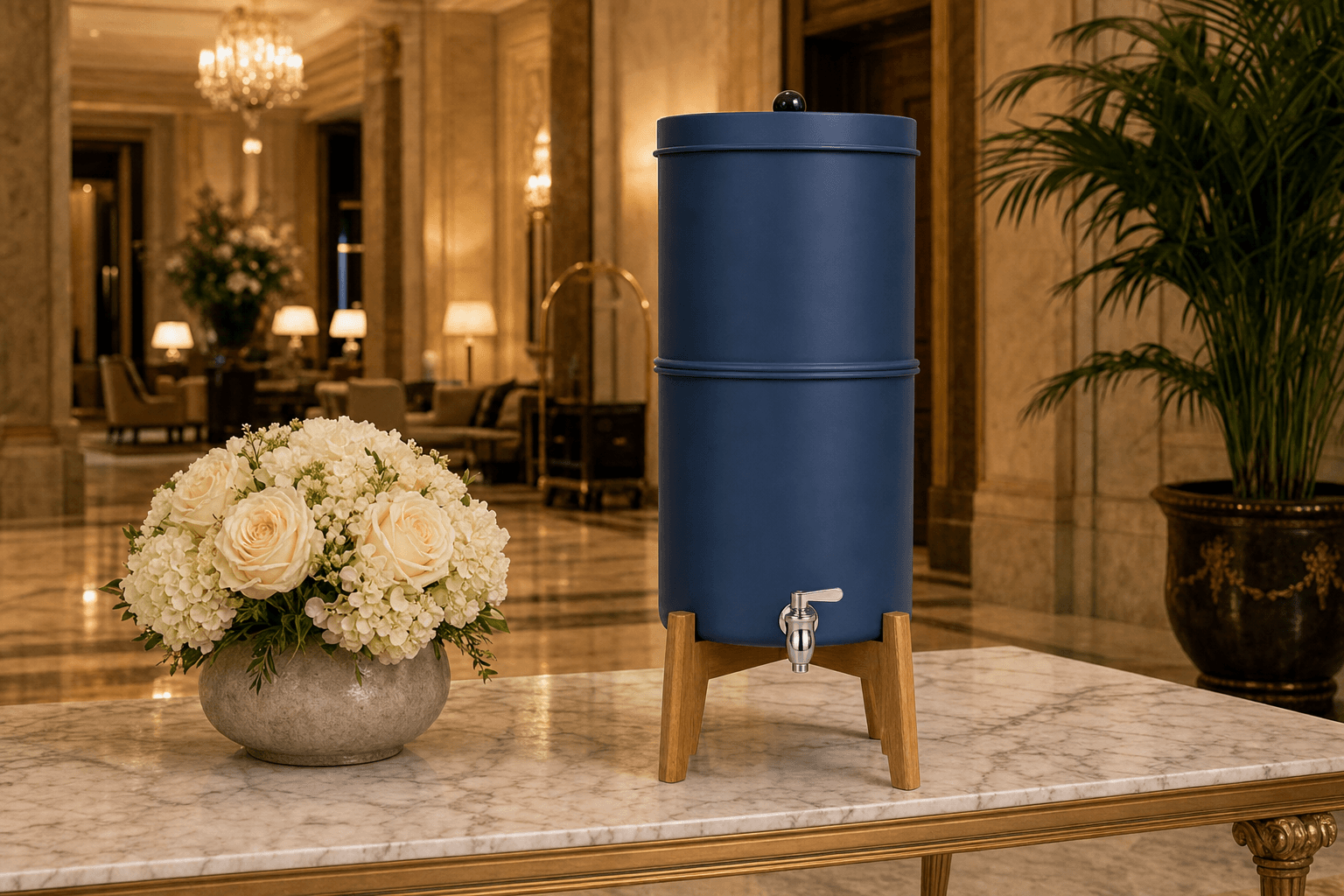 Damphore marino sobre una consola de mármol en el lobby de un hotel de cinco estrellas
