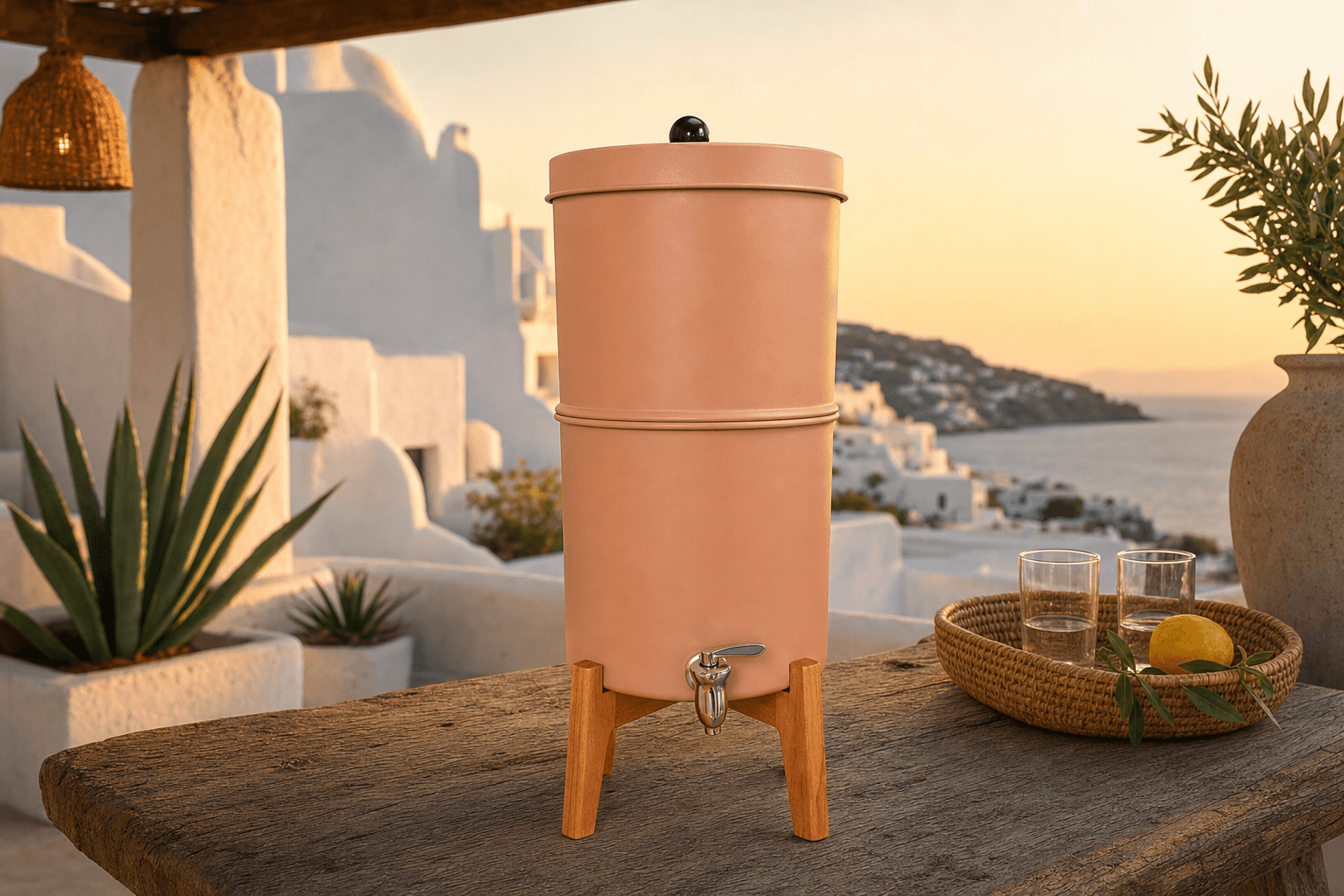 Damphore terracota en una terraza mediterránea al atardecer